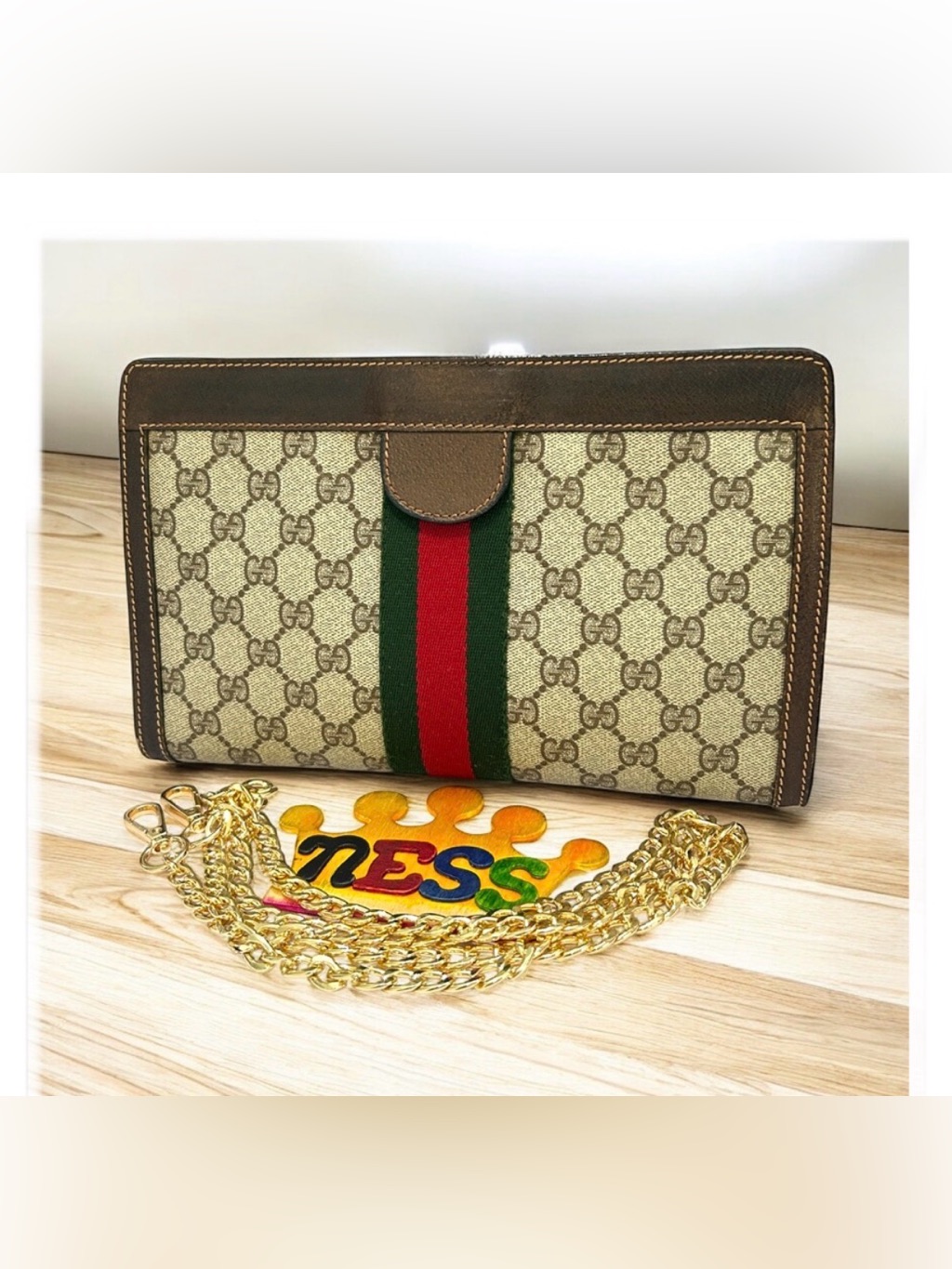 Vintage Gucci Sherry Line Women’s Clutch Bag Brown,Beige, Green,Red Authentic
